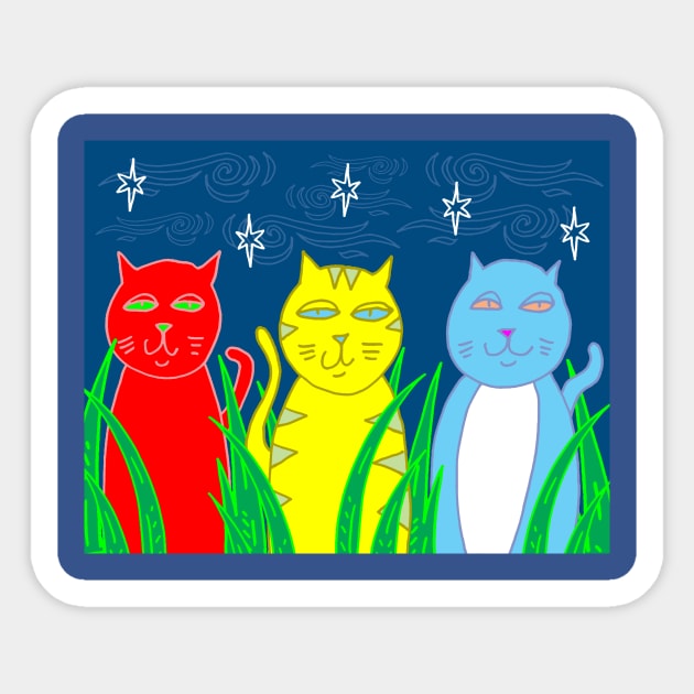 Three Cats in the Night Sticker by funkyfolkart